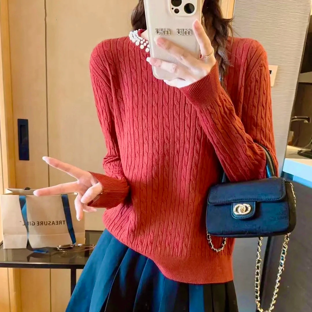 钉珠圆领长袖针织衫秋冬新品韩系甜美风打底衫圆领麻花毛衣A2026