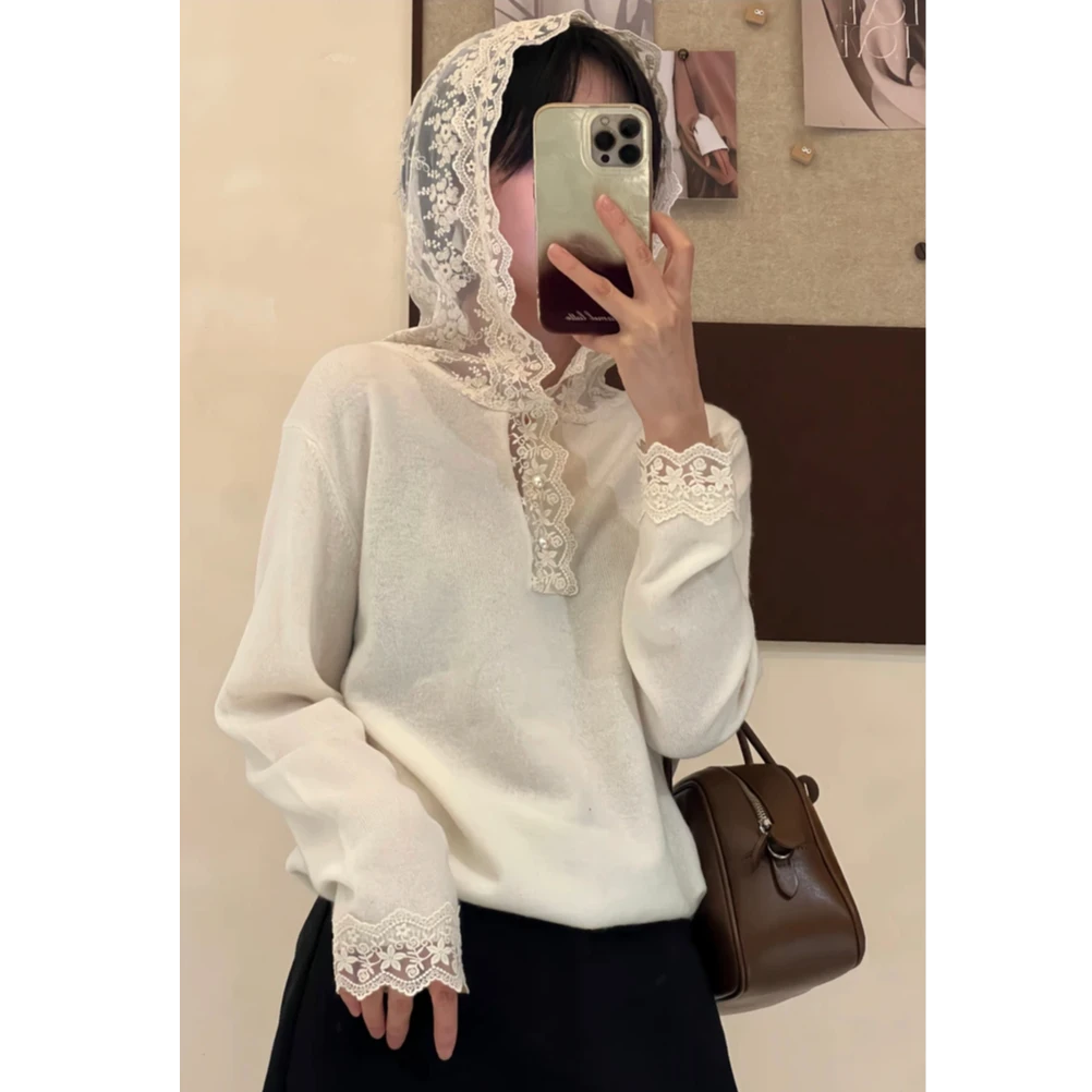 温柔风蕾丝拼接连帽韩版针织衫女2024秋冬季新款时尚百搭毛衣3599
