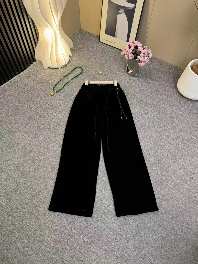 【YING】松紧腰舒服黑色丝绒女冬季显瘦高腰宽松百搭休闲裤