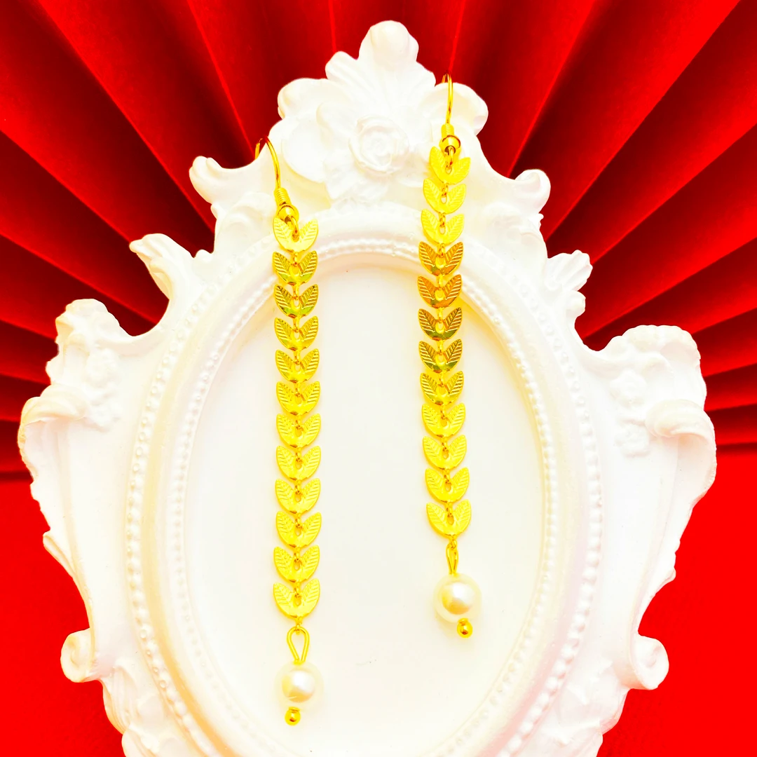 凤金彩 铜合金耳饰  简约百搭长款流苏耳饰【麦穗叶子珍珠耳钩】