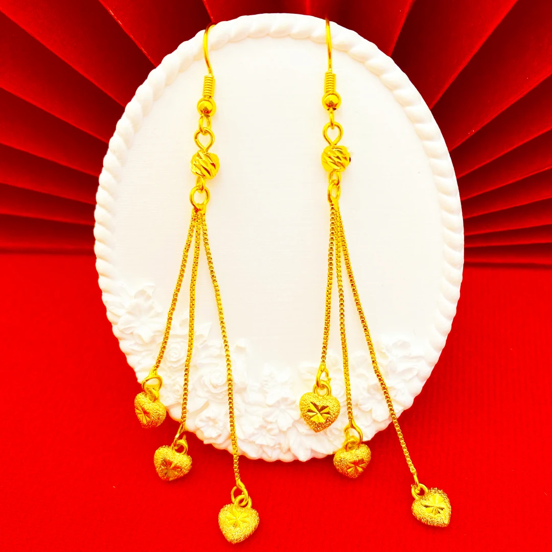 凤金彩 铜合金耳饰 气质长款耳饰【三线爱心流苏耳钩】