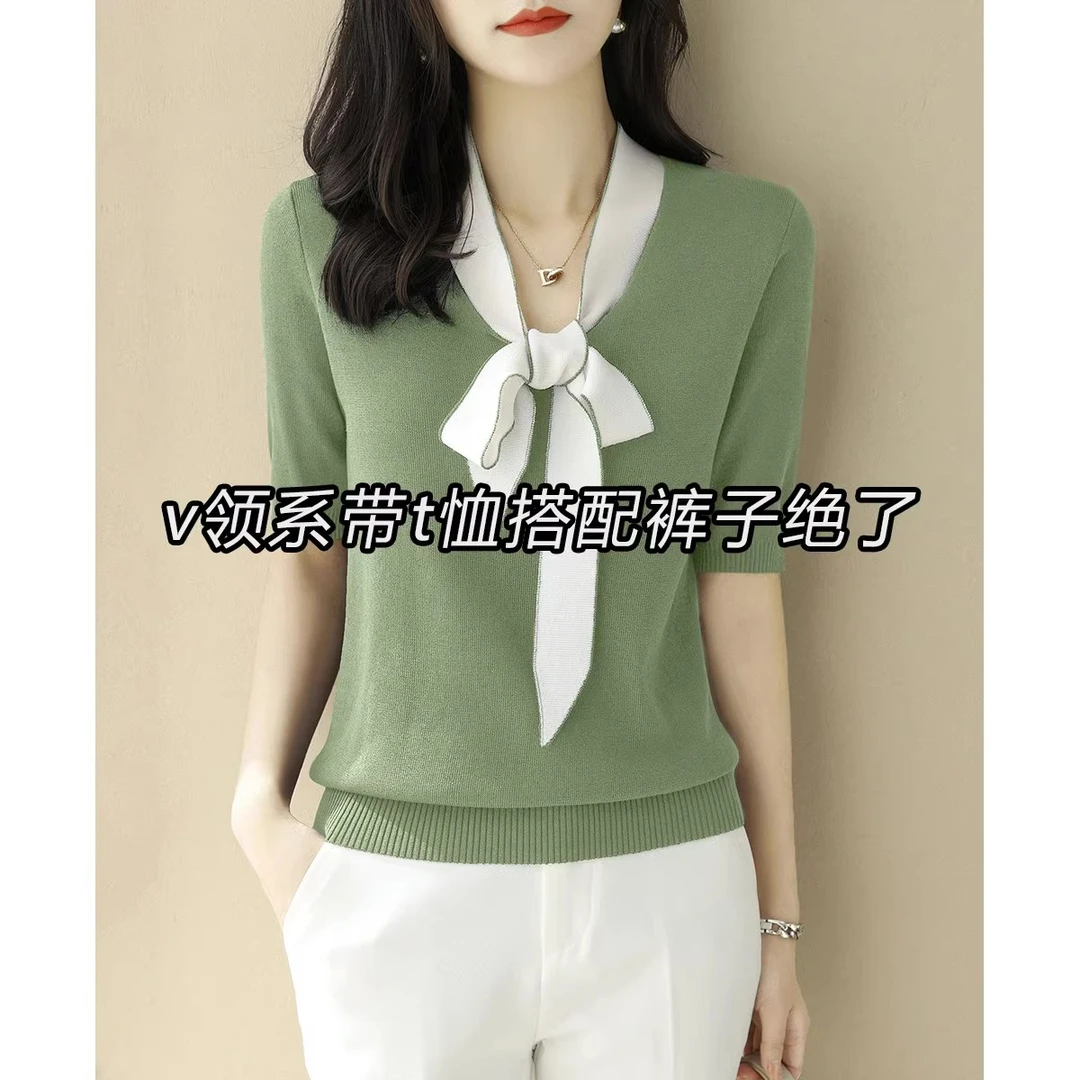 时髦v领蝴蝶结针织衫女2025夏季撞色短袖宽松显瘦冰丝薄款t恤上衣
