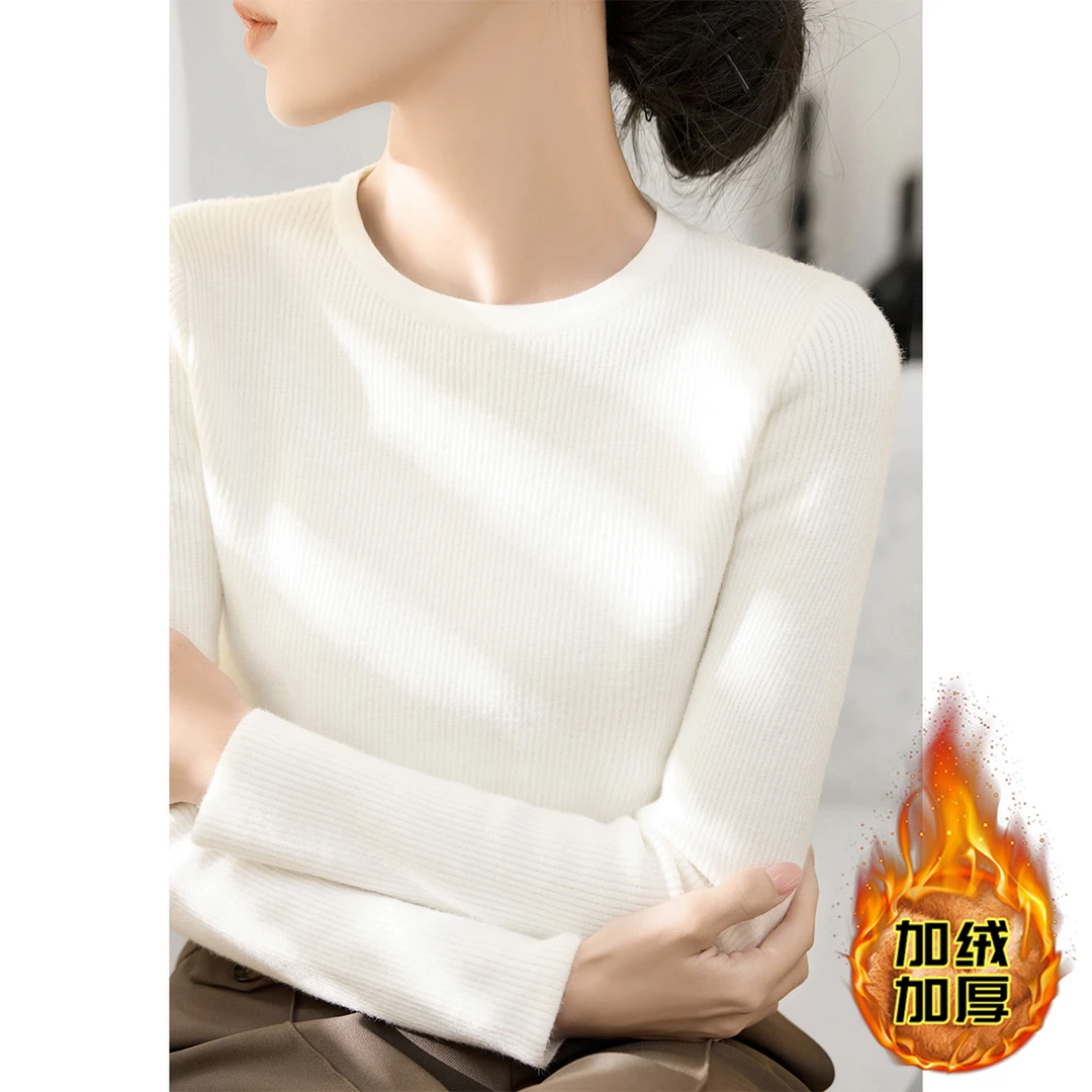冬季新款白色圆领毛衣女装加绒加厚款针织打底衫气质百搭长袖上衣