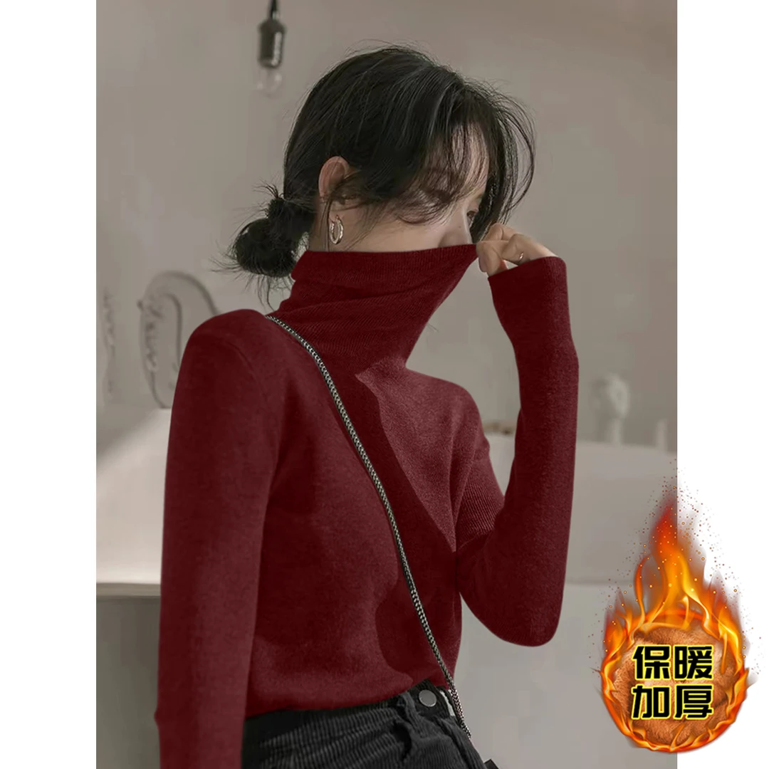 安可拉红内搭打底上衣厚款长袖针织衫女装冬季新款堆堆领毛衣保暖