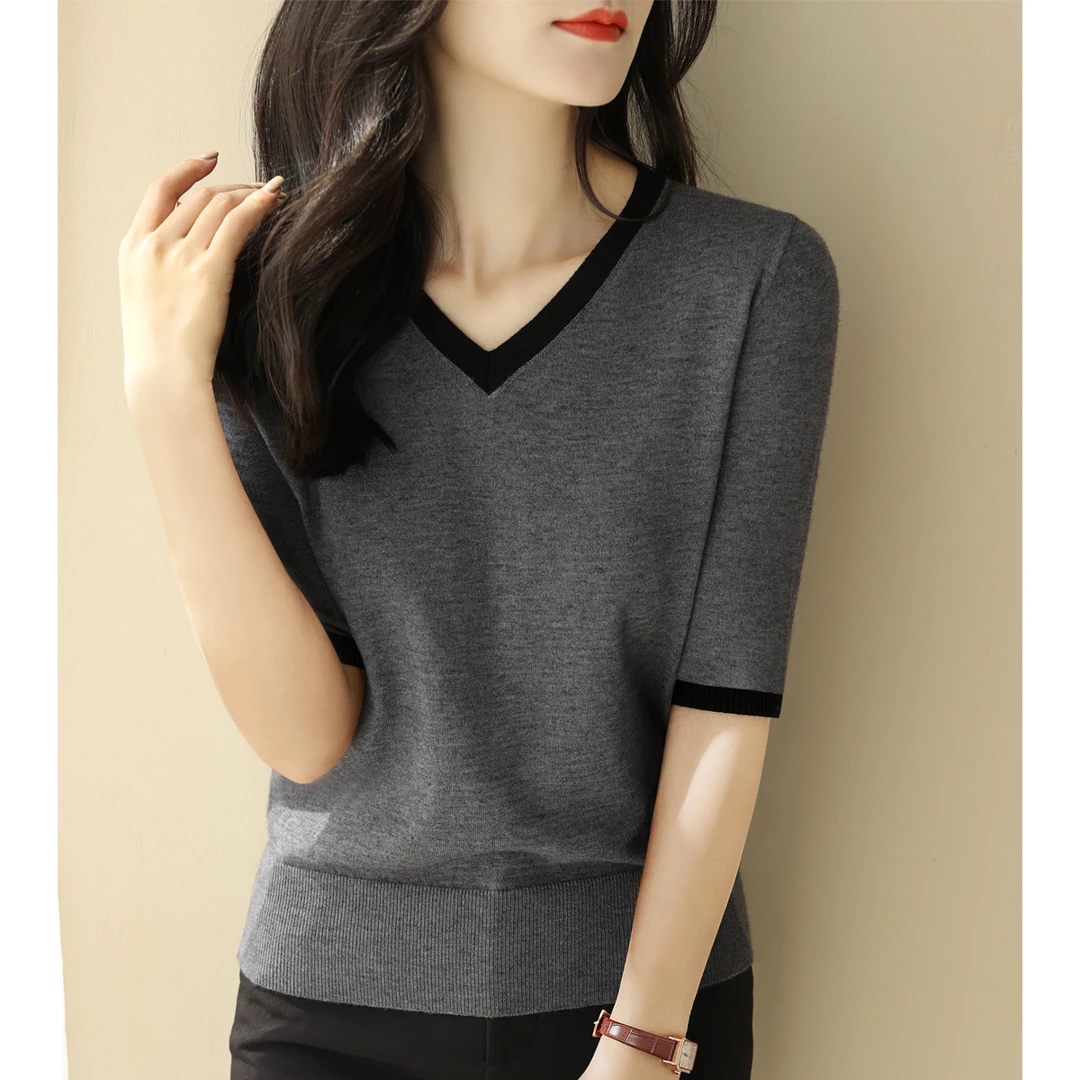 早秋季v领宽松显瘦简约撞色2024年女打底针织衫薄款五分袖上衣