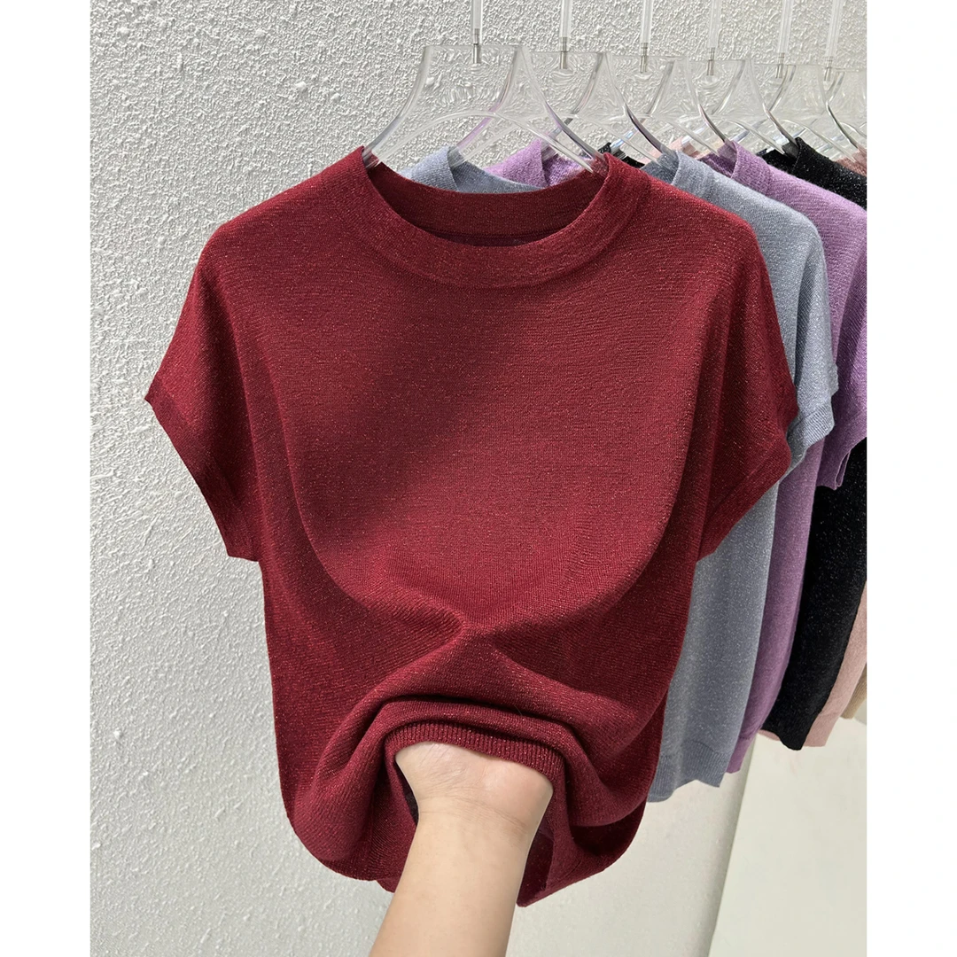 时尚圆领新款宽松小飞袖上衣夏季薄款闪烁亮丝设计无袖t恤针织衫