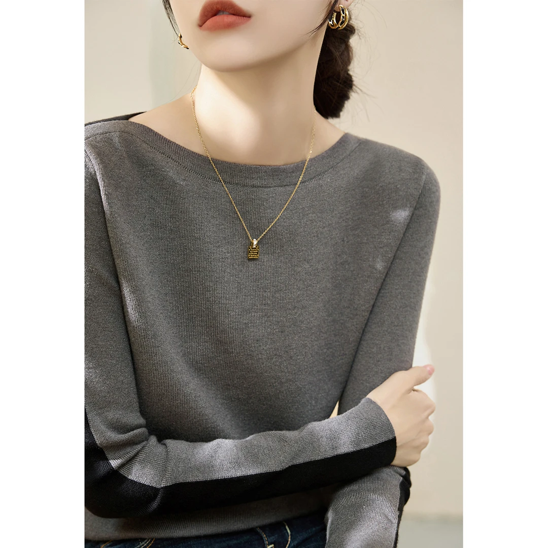 黑色长袖针织衫女宽松拼色一字领毛衣2024冬季新款双面穿设计上衣