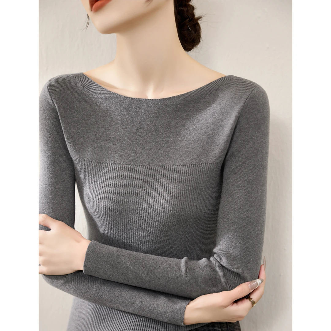 时尚高级感法式长袖针织上衣女简约深灰色百搭一字领修身打底