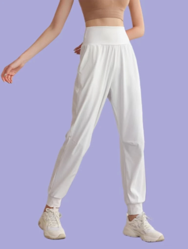 老师同款 宽松白色高腰女显瘦休闲束脚专业运动速干瑜伽裤