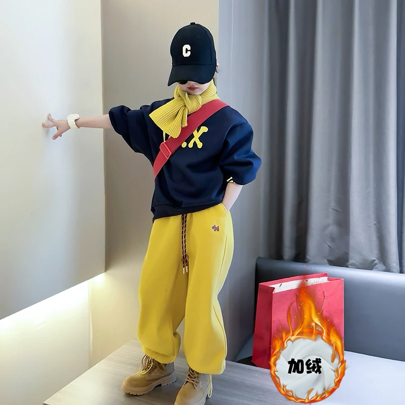 女童秋冬加绒加厚套装2025新款中大童洋气女孩卫衣卫裤休闲两件套