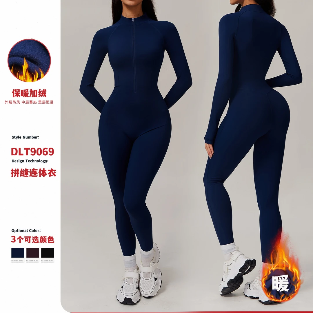 收腰裸感瑜伽连体服户外紧身保暖连体衣跑步健身服9069