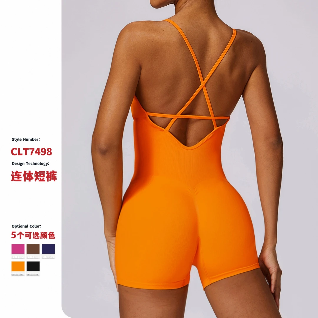 欧美健身无缝美背连体瑜伽服高弹收腹紧身运动连体服女7498