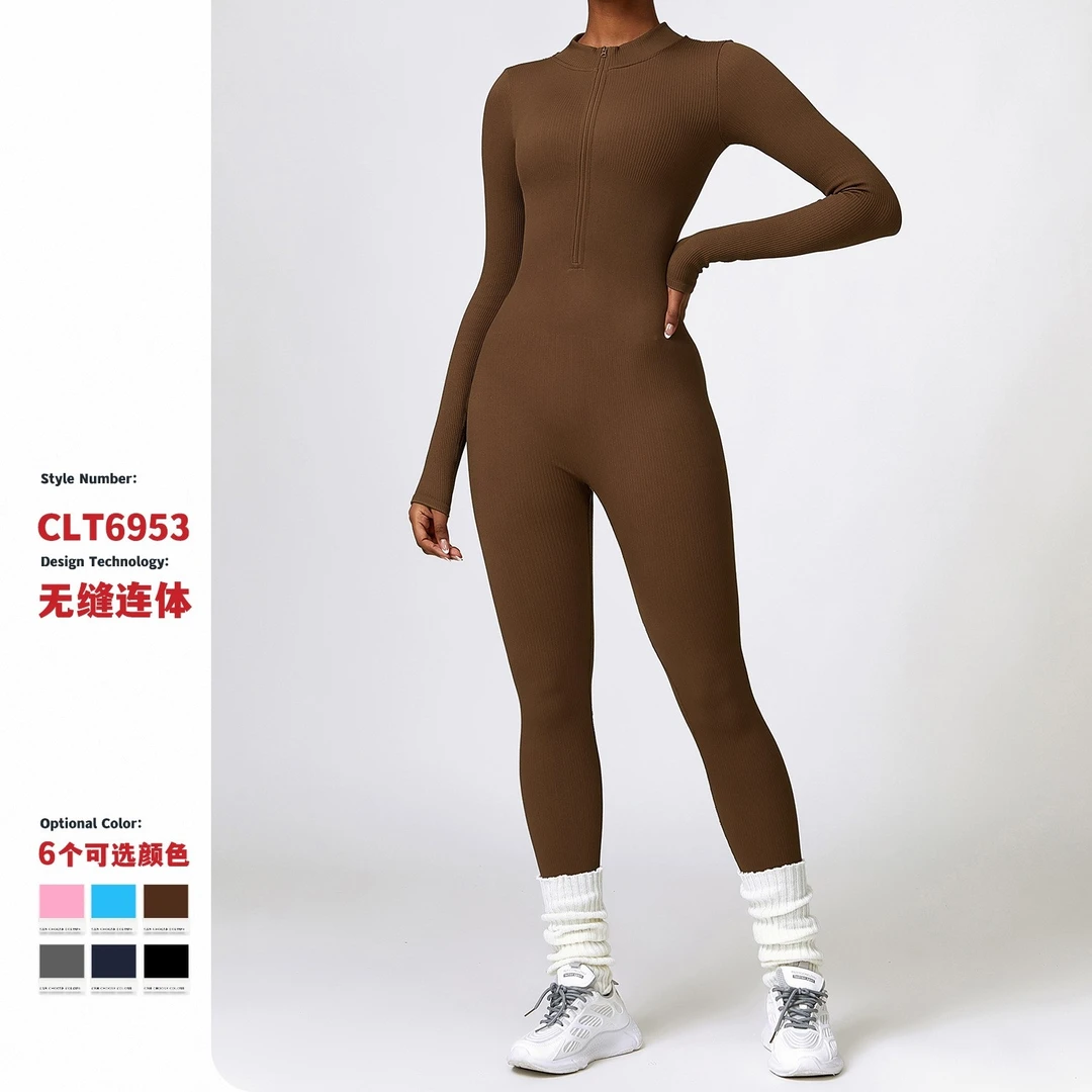 螺纹无缝秋冬紧身长袖瑜伽连体服拉链收腹高强度运动健身服6953
