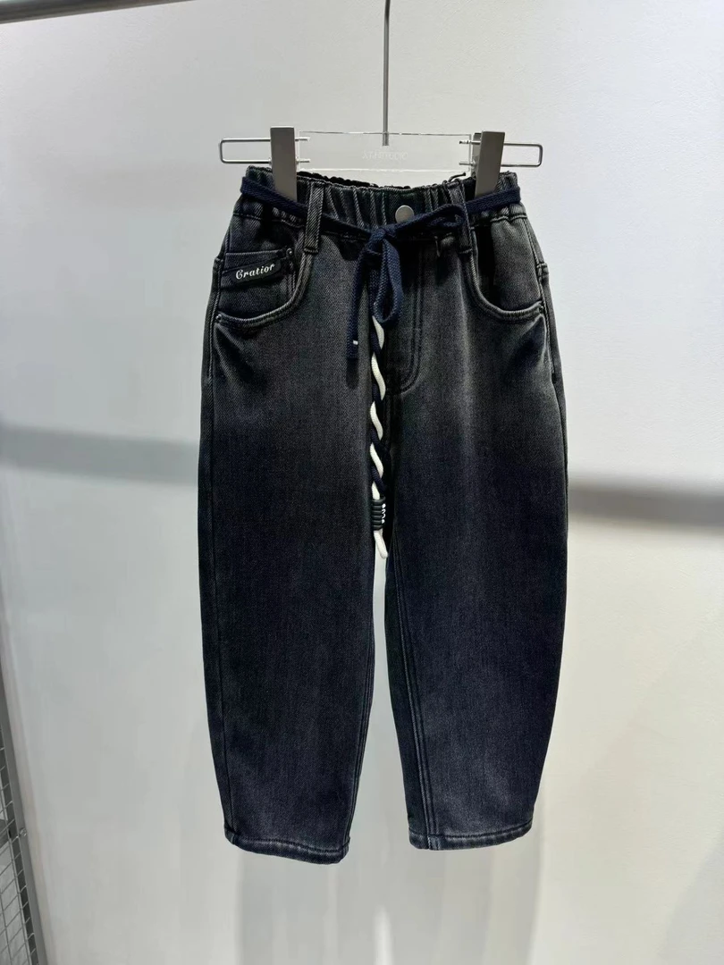 XTJ STUDIO童装 设计师款 N 带腰绳渐变加绒牛仔裤 冬款