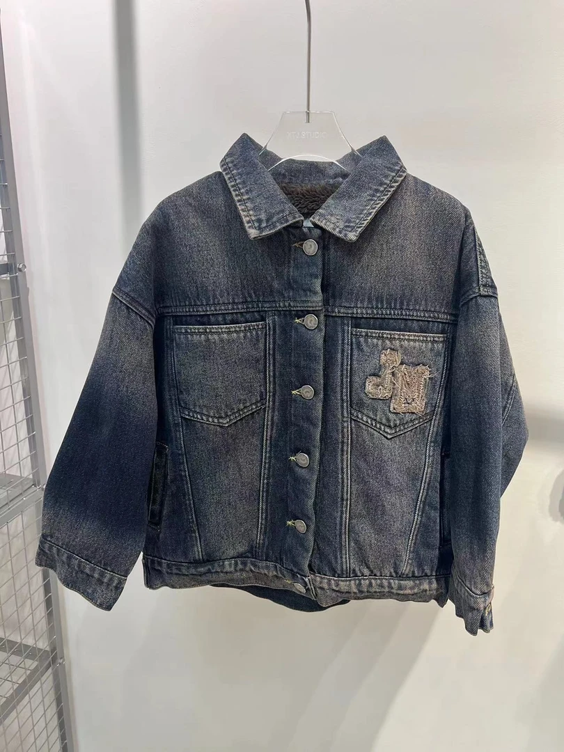 XTJ STUDIO童装 设计师款 COCO绣花做旧加绒牛仔外套 冬款新品