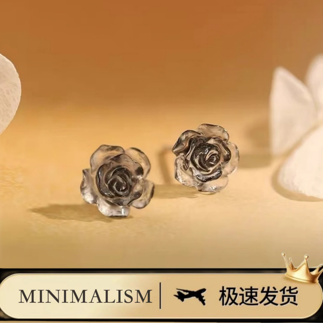 铜合金耳饰 925银针「清冷玫瑰」小众设计透明黑色玫瑰耳饰S-019