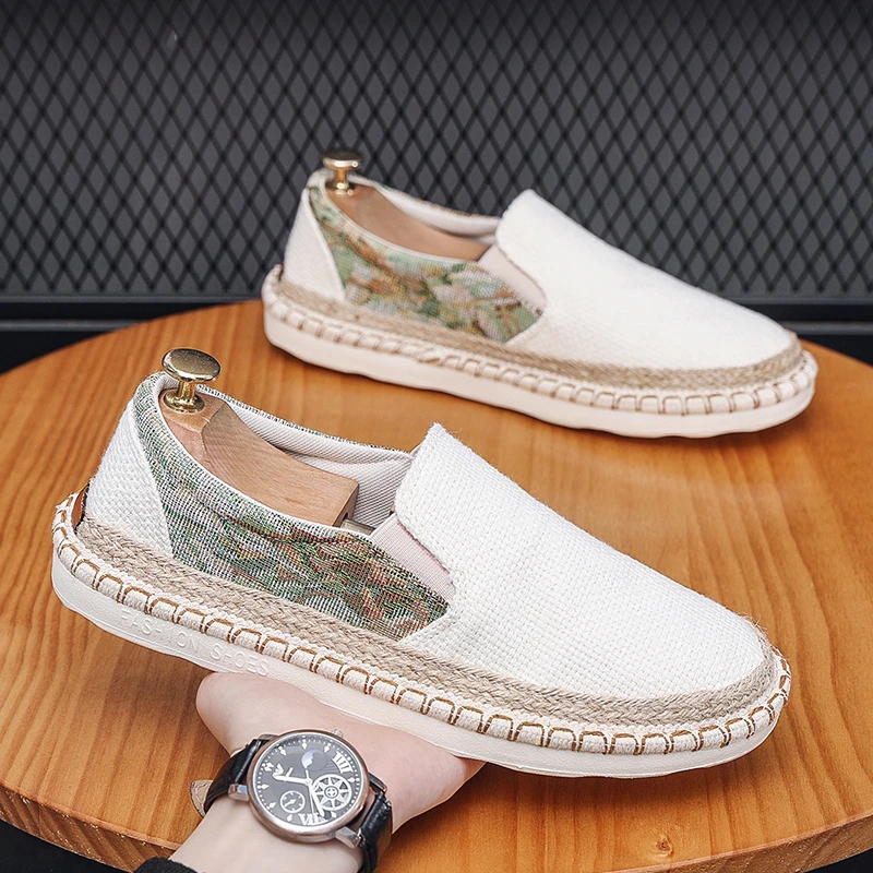 2024新款一脚蹬驾车懒人渔夫鞋春夏透气草编鞋男低帮休闲帆布鞋男