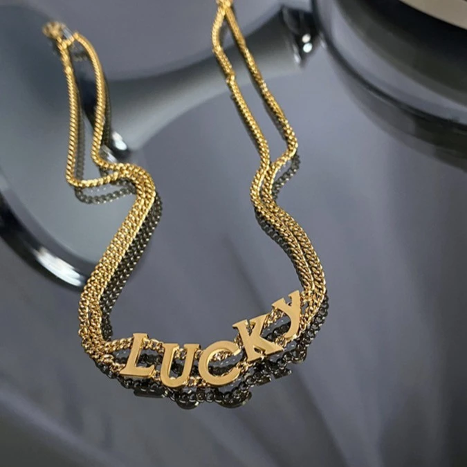 魅饰小虫 钛钢项链 双层字母不掉色女Lucky锁骨链百搭金色双链ins