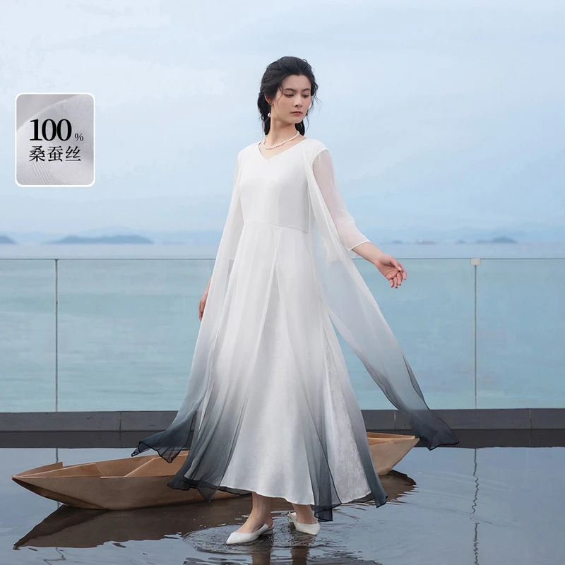 生活在左桑蚕丝连衣裙渐变飞片新中式飘逸优雅新品长裙女1942412
