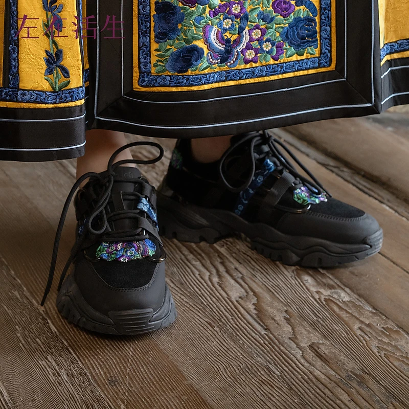 生活在左复古绣花牛皮休闲鞋2024春夏新品厚底系带鞋子女4941304