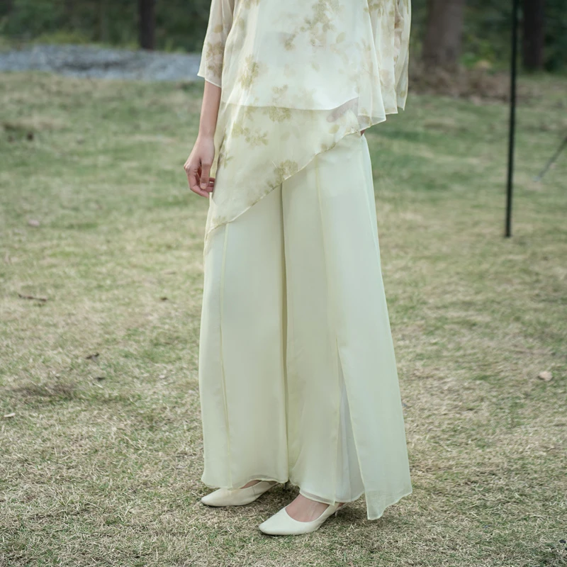 【若彤同款】生活在左桑蚕丝裤子春夏飘逸禅意日常新中式印花阔腿裤