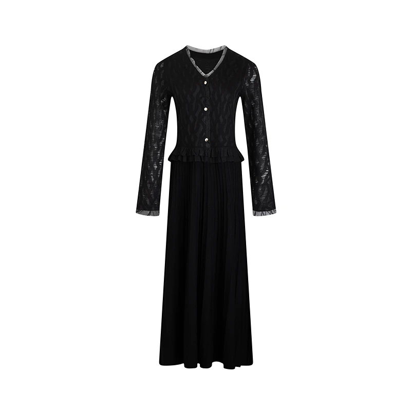 生活在左优雅毛织连衣裙花边镂空肌理感修身2025春季新品长裙女