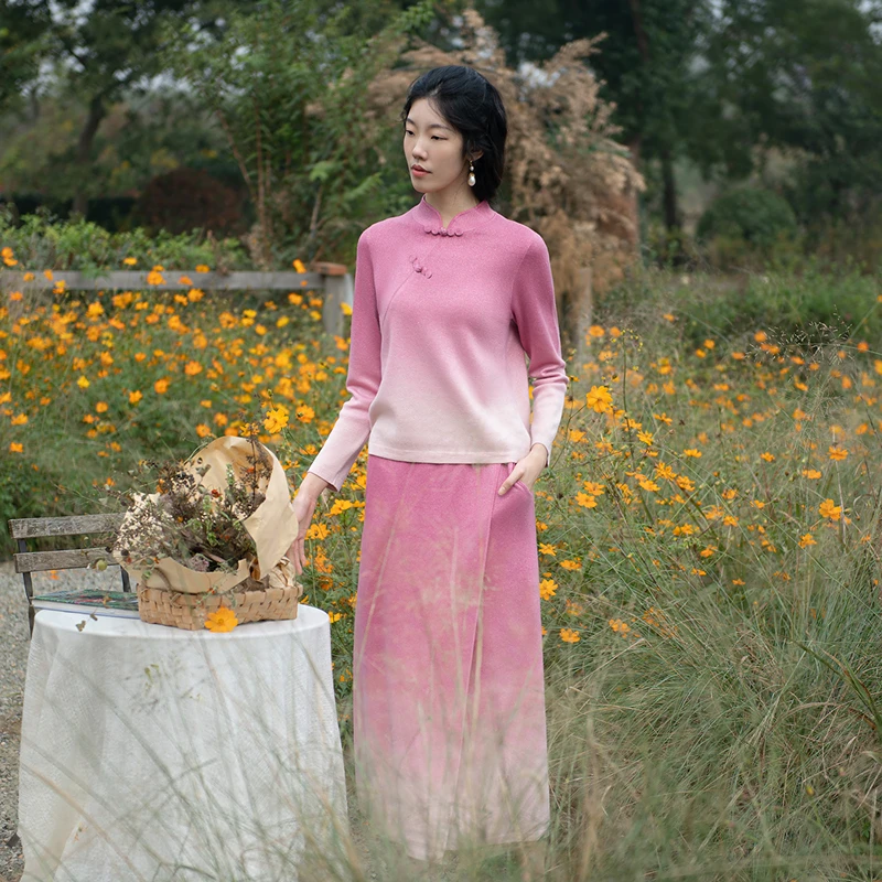 生活在左渐变毛织春夏新品日常新中式优雅气质长款半裙针织女