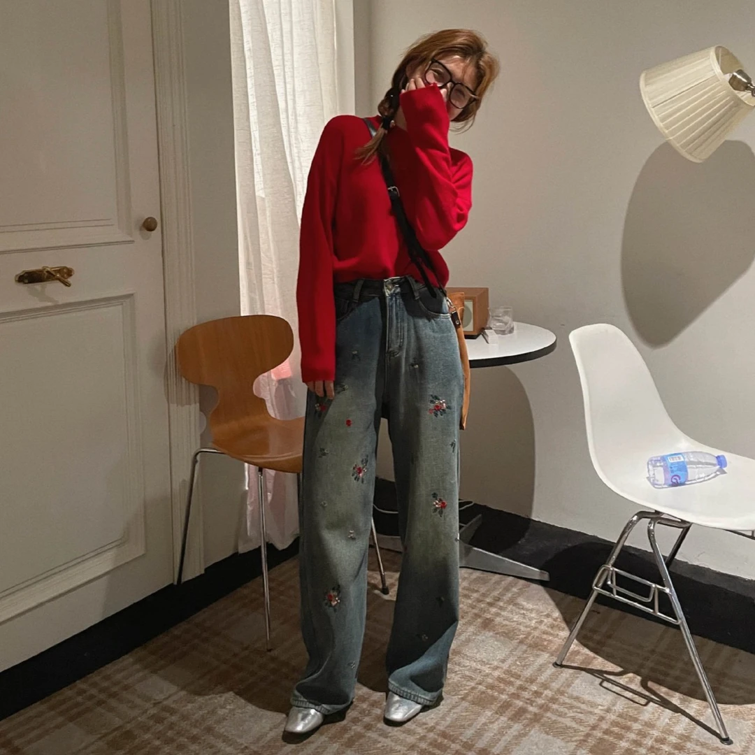 【万万分享】牛仔裤女2024新款重工刺绣花时尚百搭直筒拖地阔脚裤