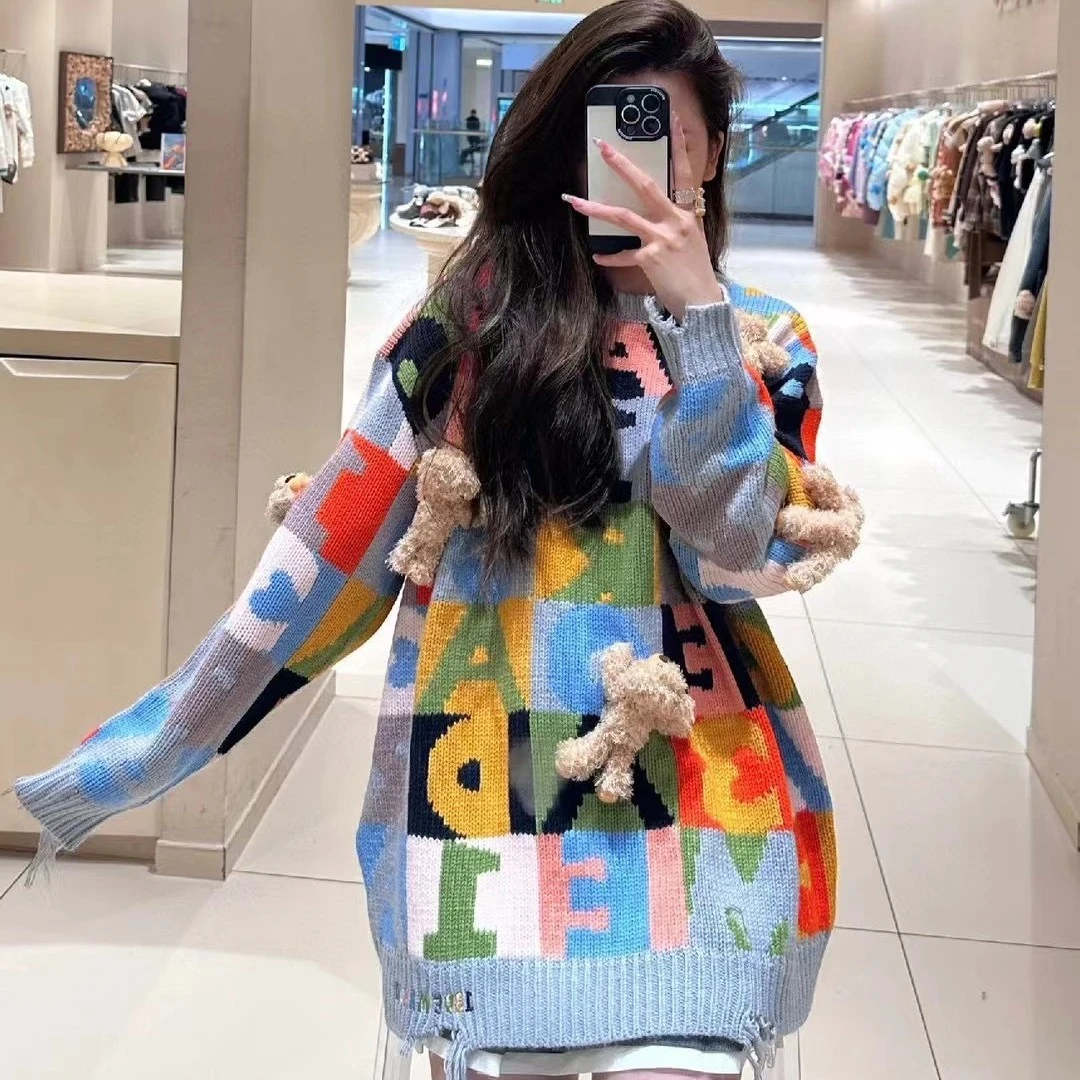 【丽丽分享】2023韩系新款复古百搭洋气减龄彩色字母印花宽松针织衫