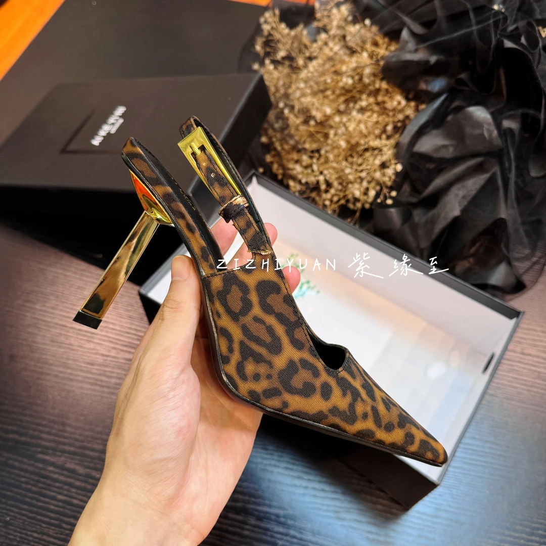 【ZIYUANZHI】杨树林小金条豹纹气质黑色漆皮性感尖头高跟鞋