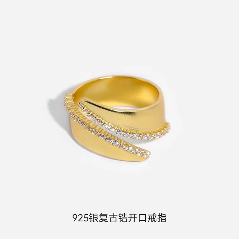 925银合成锆石戒指 复古锆石戒指女轻奢感高级小众不规则开口指环