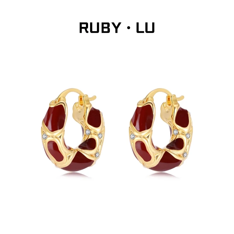 RUBY•LU 复古红色滴釉女耳钉轻奢小众耳环2025新款爆款高级感