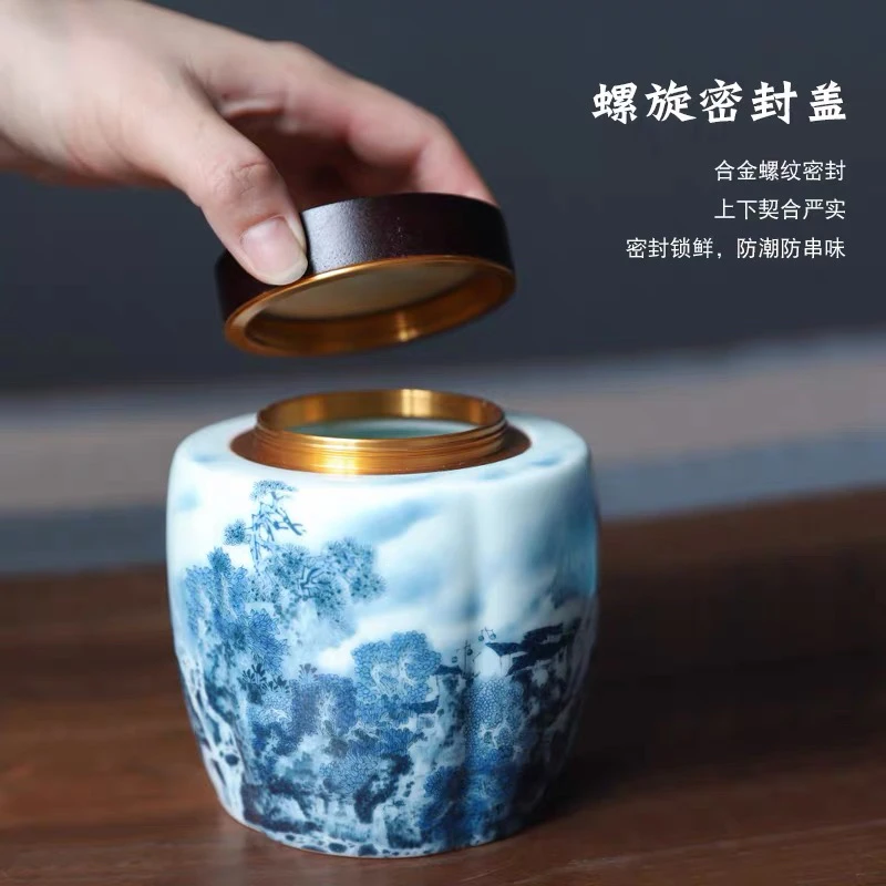 复古青花陶瓷茶叶罐富春山居图木盖合金螺旋口家用防潮密封储物罐