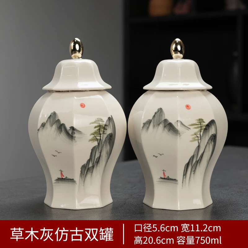 新中式手绘陶瓷茶叶罐高档防潮密封罐草木灰将军罐白瓷摆件148