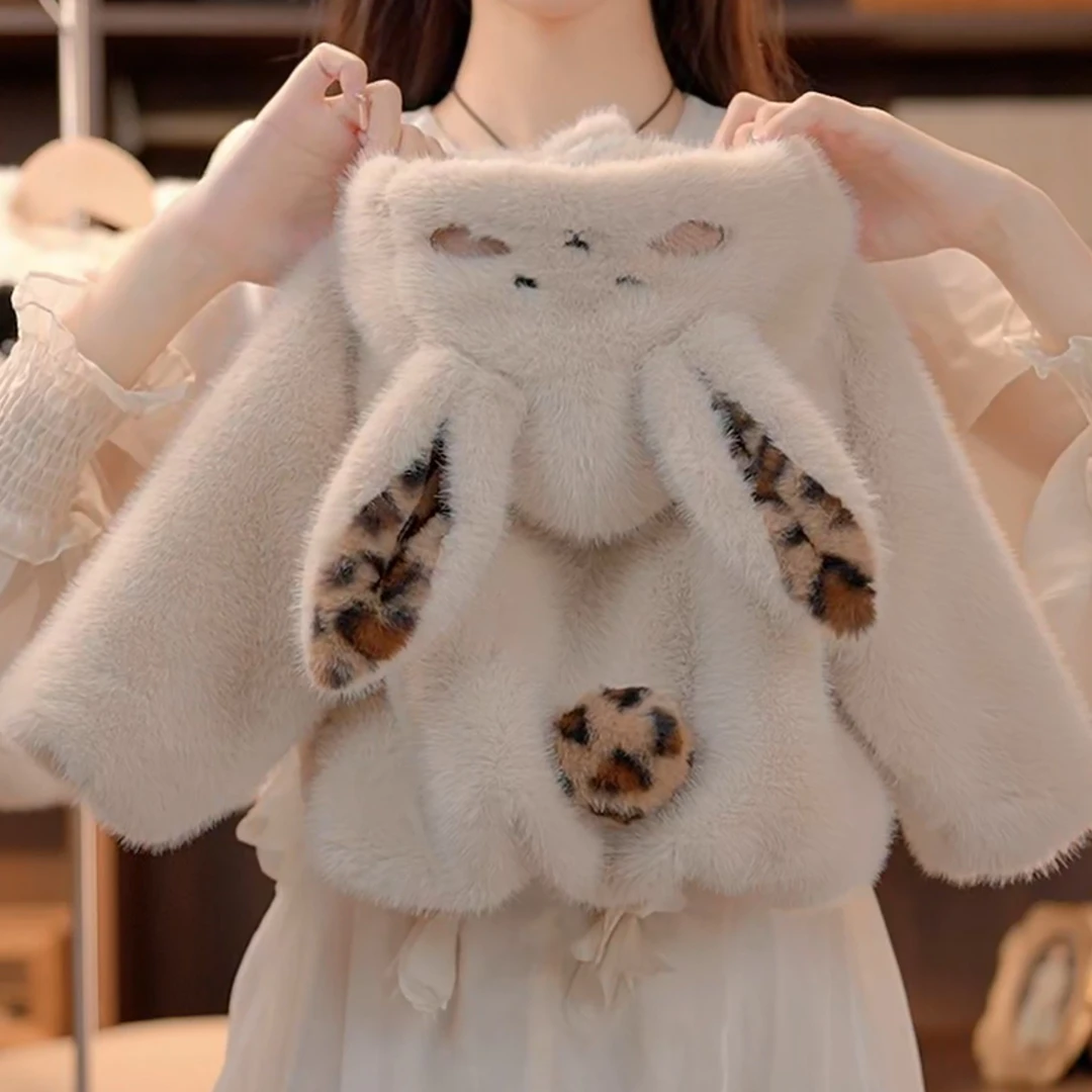 【zz专属】2024冬季新款可爱小兔子豹纹卡通加绒加厚毛毛外套