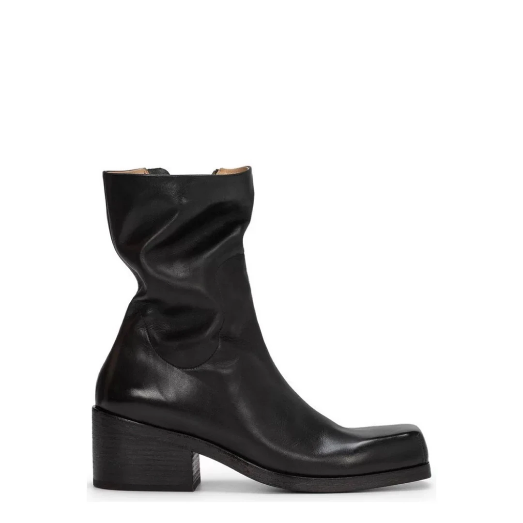 【POMORROW】女士黑色粗跟中跟马丁靴麂皮绒面磨砂皮方头复古马丁靴