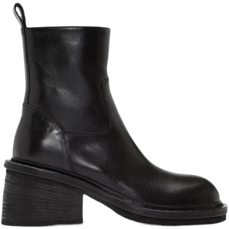 POMORROW高品质女式裸靴简单粗跟短靴高跟圆头皮靴纯皮靴子新款