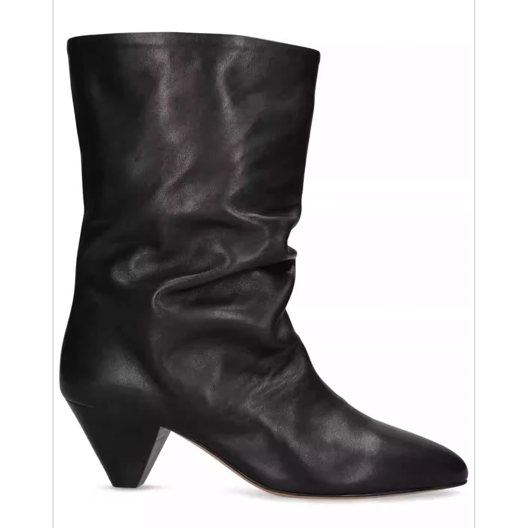 【POMORROW】时尚粗跟中跟尖头方中筒靴折皱套筒一脚蹬短筒靴堆堆靴