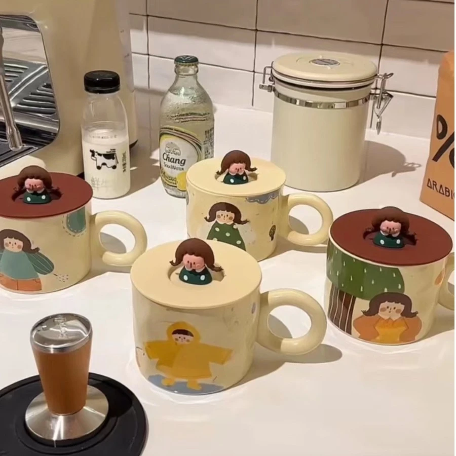 早餐杯ins风马克杯小女孩陶瓷牛奶杯咖啡杯马克杯带盖勺子高颜值