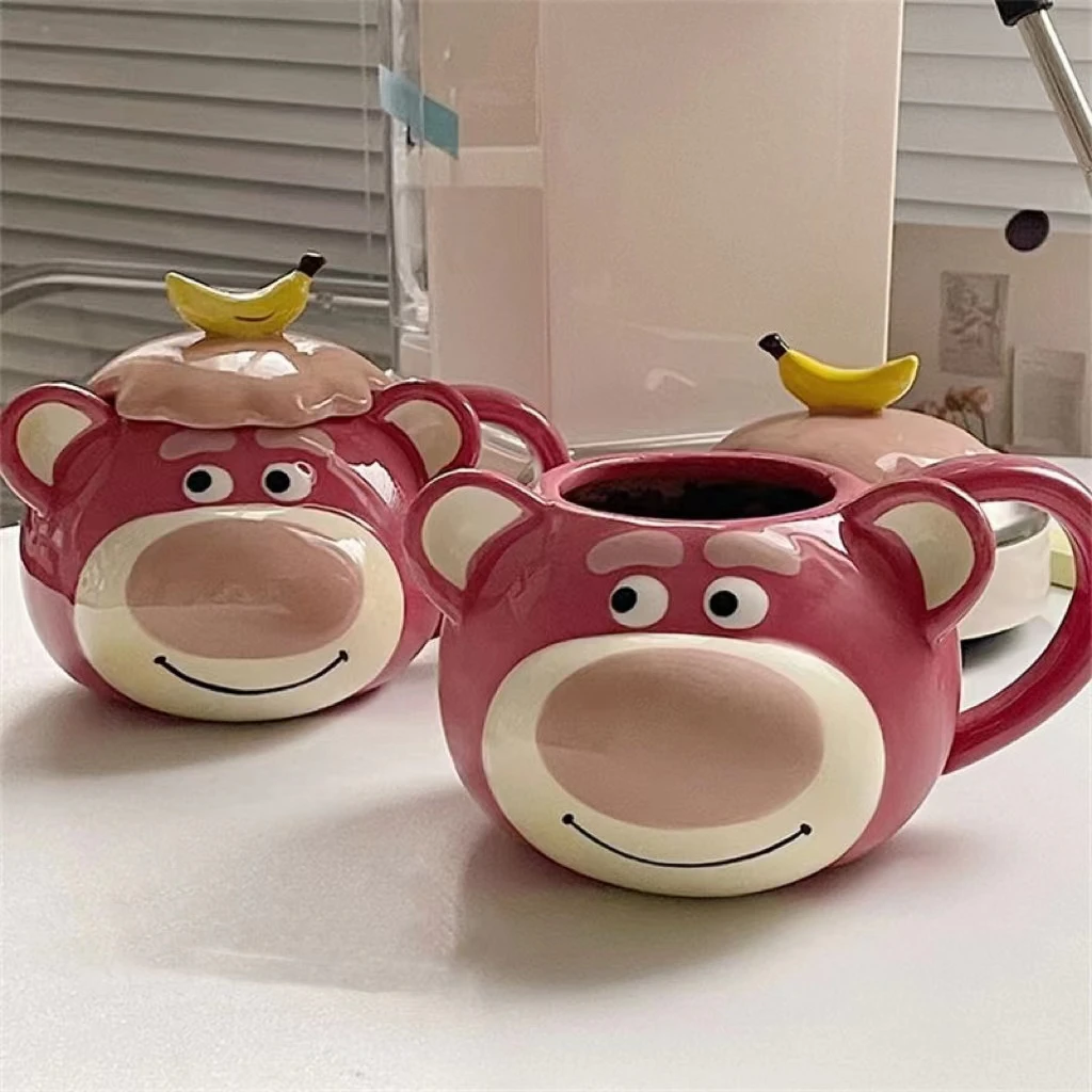 网红ins风手绘粉色草莓熊带盖陶瓷卡通马克杯陶瓷杯早餐杯高颜值
