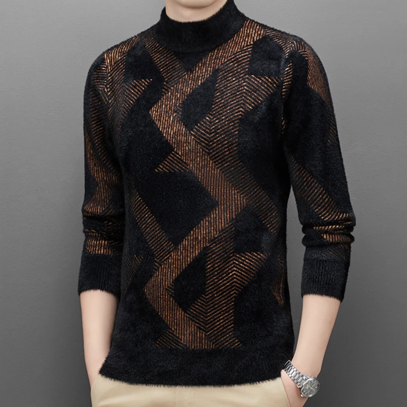 【雪貂绒】冬季男士加厚柔软高弹保暖套头打底针织衫提花男装毛衣