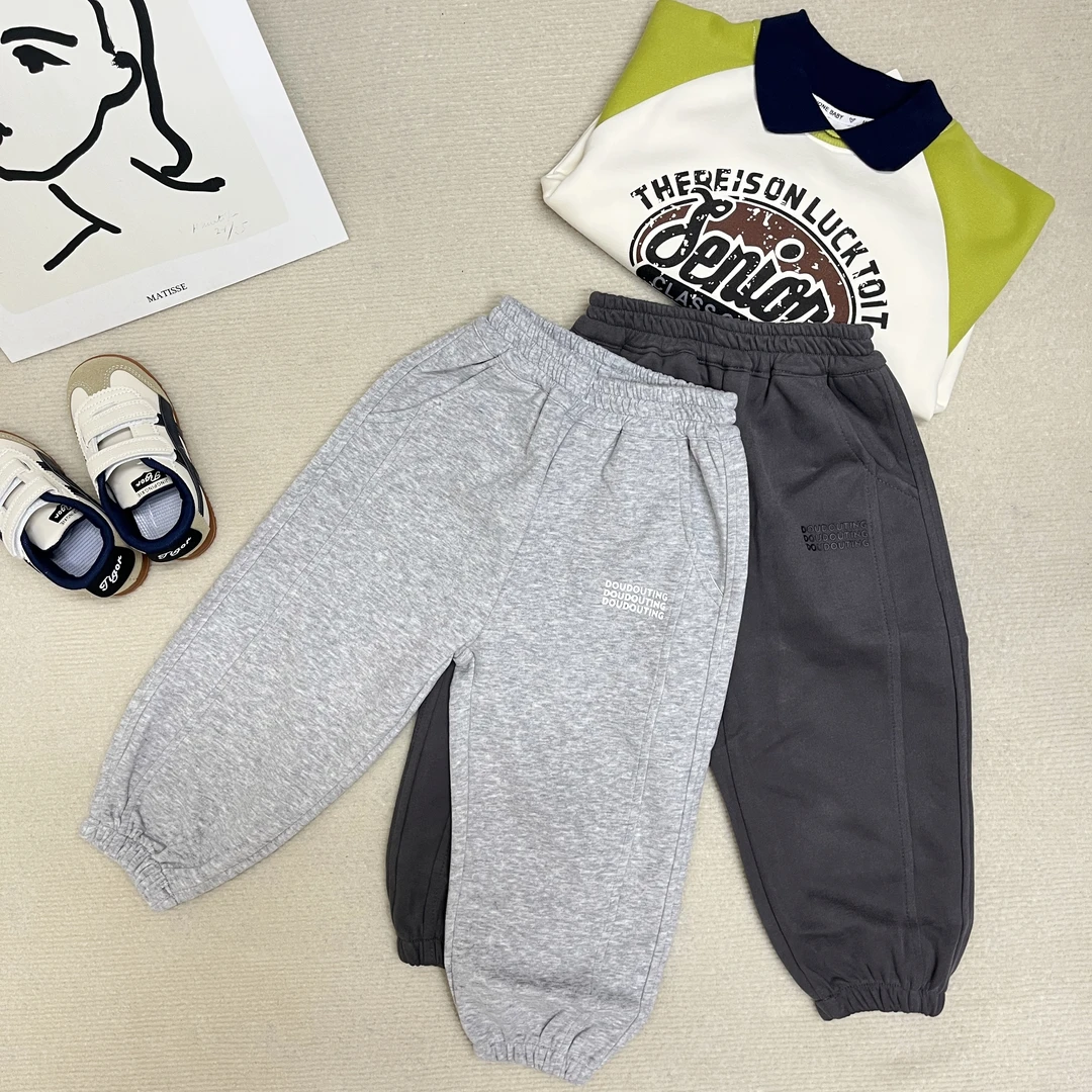 新款2024运动裤秋冬季儿童立体字母束脚裤休闲百搭长裤子时尚灰色