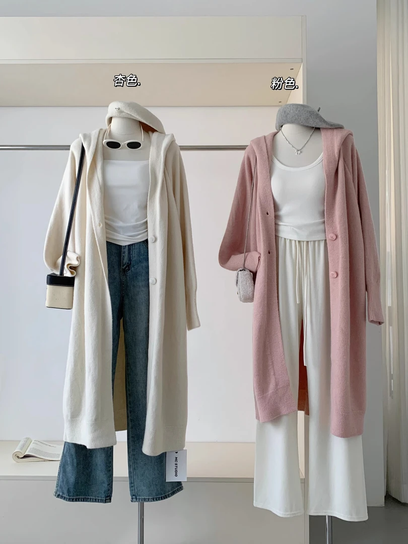 【吓人深度库存】慵懒风带扣连帽长款针织外套 秋冬女加厚开衫大衣