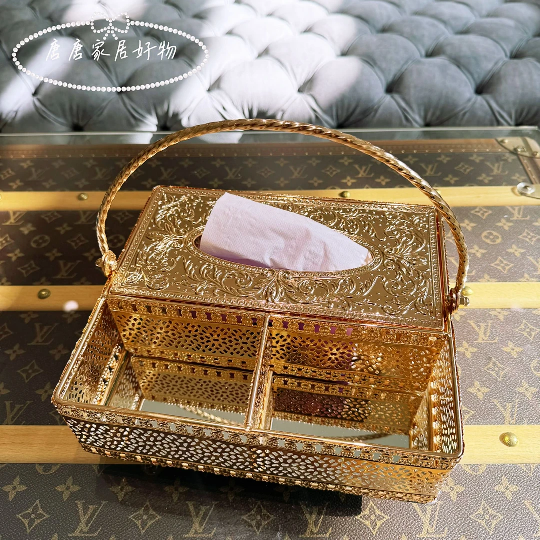 轻奢金属镜面餐厅多功能纸巾盒收纳提篮新款客厅梳妆台抽纸盒