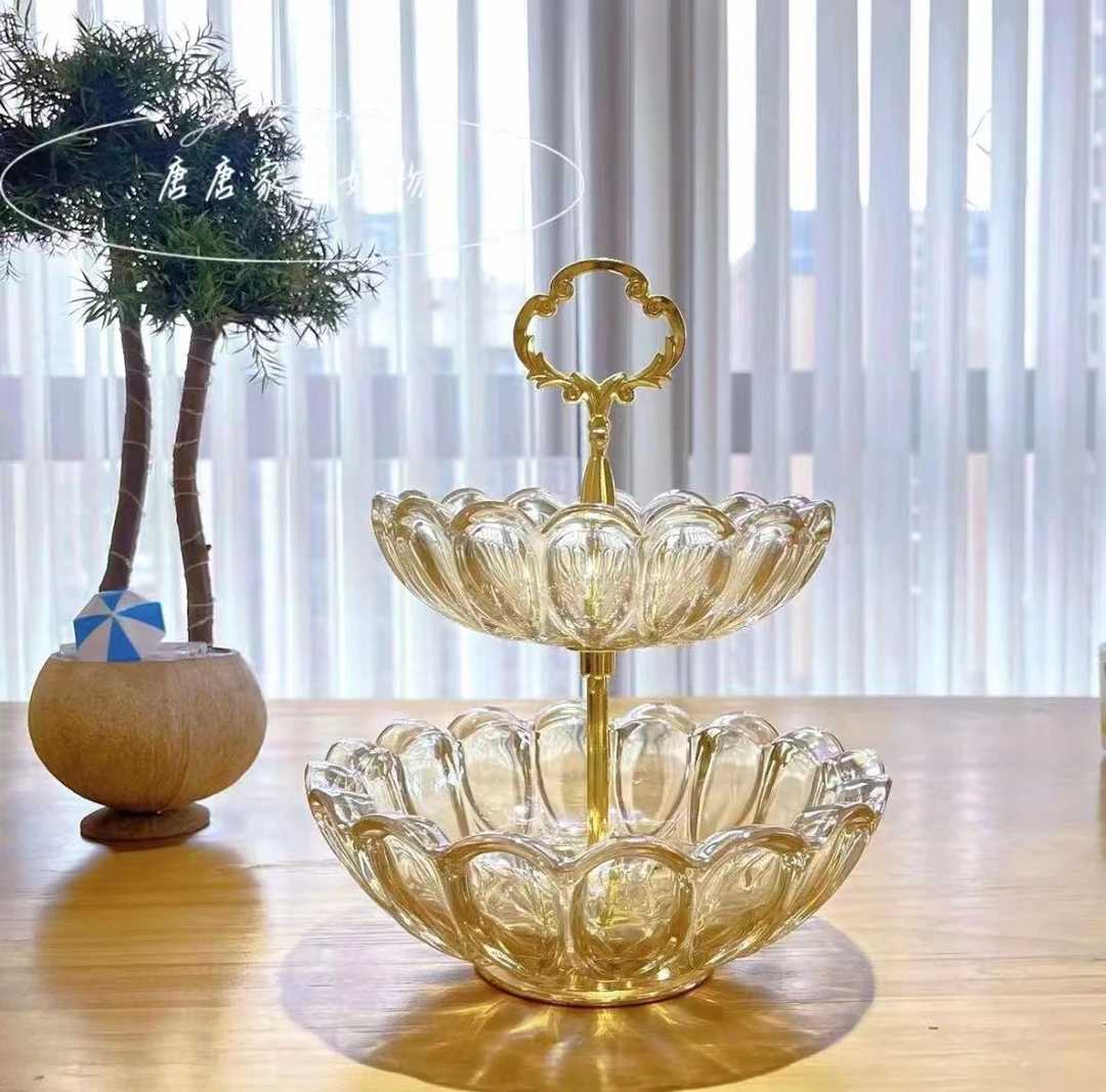 轻奢欧式双层水晶玻璃果盘家用茶几客厅零食桌面高档金属装饰品