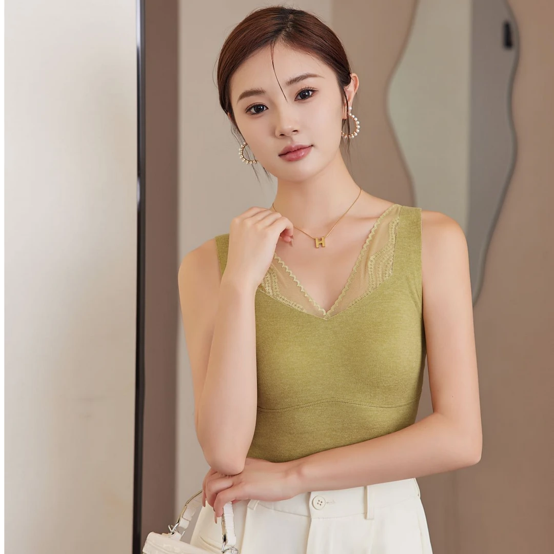 【超暖蕾丝带胸垫保暖背心】修身显瘦无痕打底带胸垫背心-235593