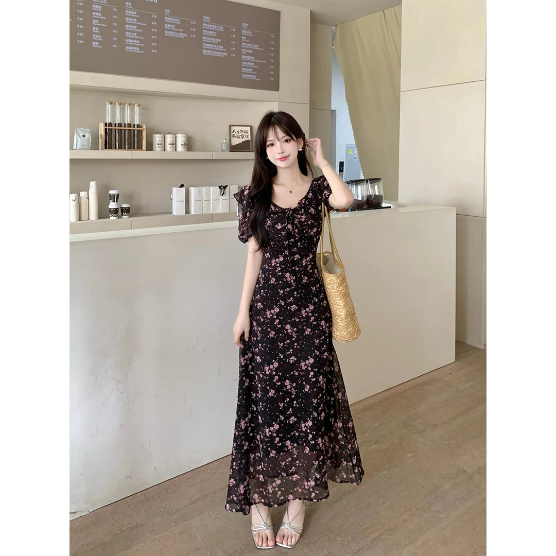 大码2024夏季气质新款修身显瘦法式荷叶边泡泡袖雪纺碎花连衣裙