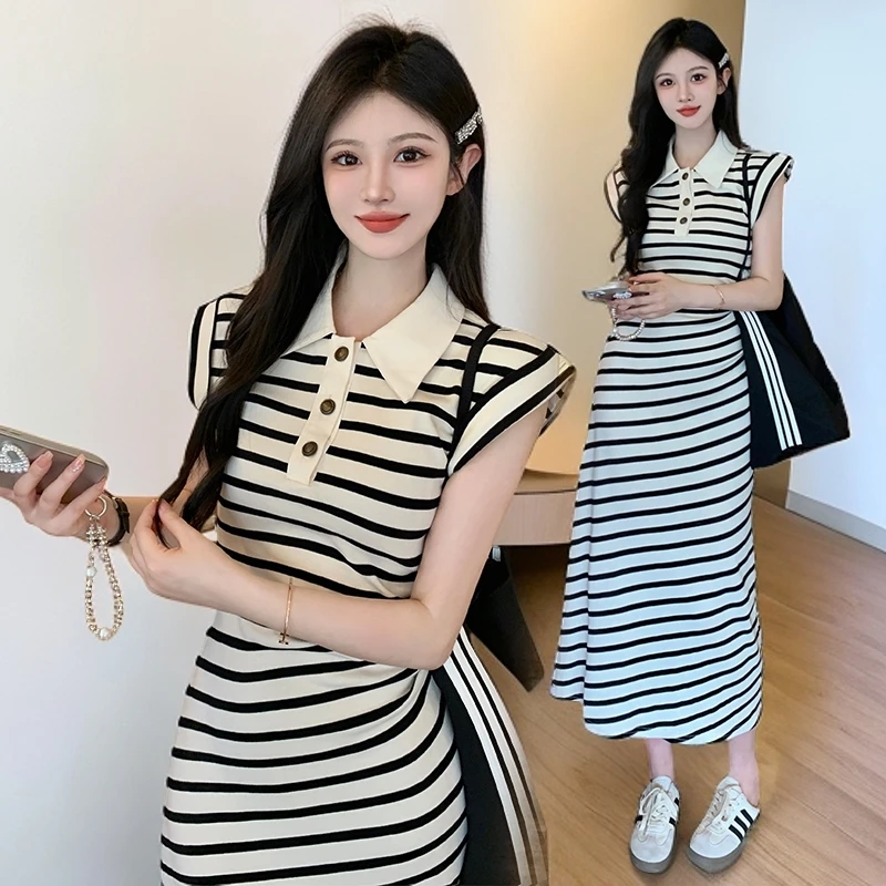 polo领条纹背心连衣裙女夏季2024新款褶皱收腰显瘦气质开叉长款裙