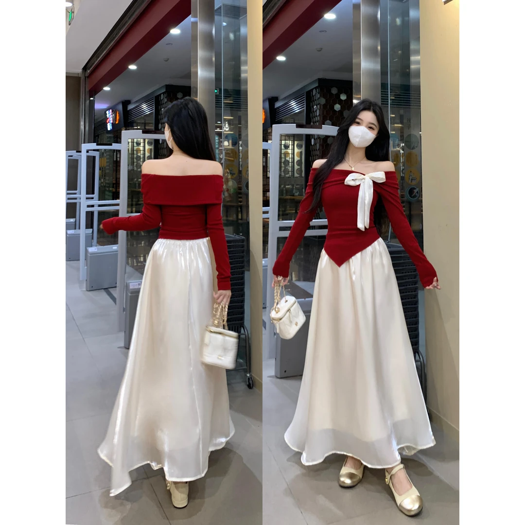 清新款大码甜美套装秋冬显瘦蝴蝶结露肩针织上衣+半身裙两件套女