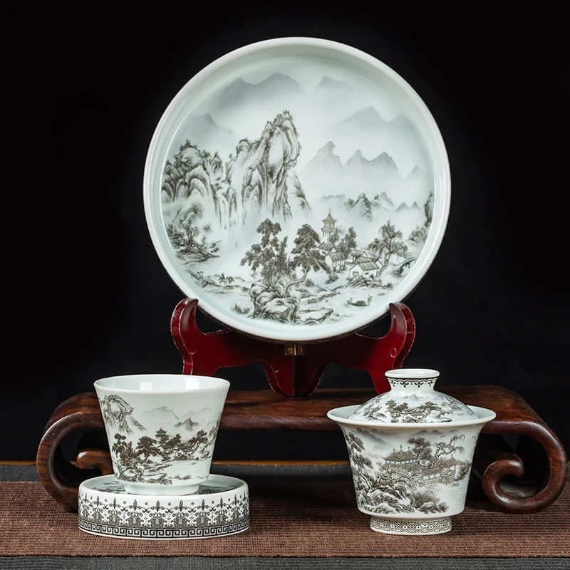 景德镇仿古泥墨彩山水马蹄盖碗茶杯陶瓷泡茶碗家用功夫茶具小套装